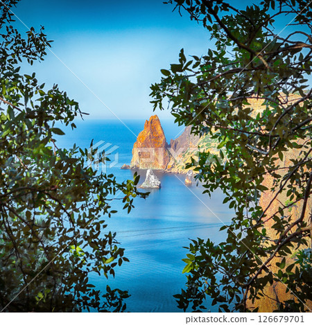 Astonishing top view on the sea and rocks of the cape Fiolent 126679701