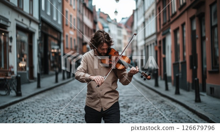 Young musician playing violin while walking in a cobblestone street located in a charming european city center, creating a captivating musical atmosphere 126679796