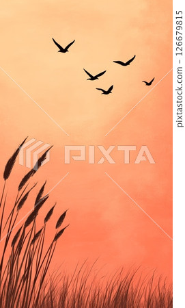 Silhouetted cattails and grass are depicted in the foreground with birds flying in an orange sunset sky, creating a serene and peaceful nature scene 126679815