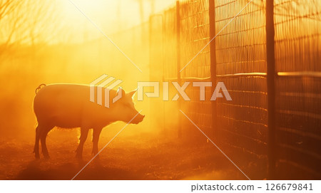 Healthy pig standing peacefully near a fence, bathed in the warm golden light of a setting sun, creating a tranquil farm scene during twilight in the idyllic countryside 126679841