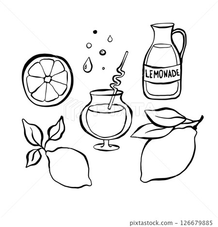 A line drawn illustration of cocktails, glasses and jug in a sketchy style. A line drawn illustration of cocktails, glasses and jug in a sketchy style. 126679885