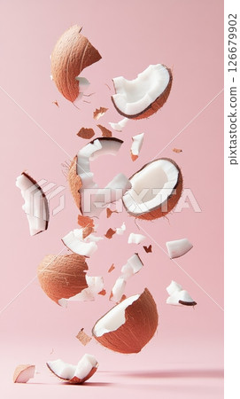 Several pieces of open coconut are levitating, creating an unusual and artistic composition on a vibrant pink backdrop, ideal for showcasing concepts related to food, health, and tropical vibes 126679902