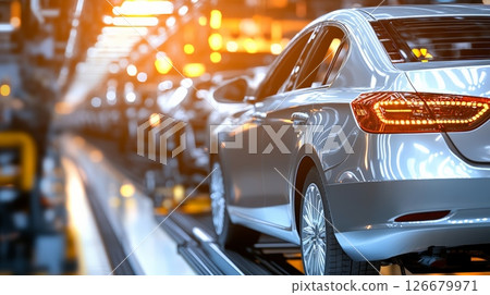 Many brand new cars are coming out of the factory, moving on an assembly line in a modern car factory, with lights and machinery in the background 126679971