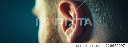 Close up of a man's ear with a modern hearing aid, showcasing advanced technology improving hearing and sound quality for individuals with hearing impairments 126680097