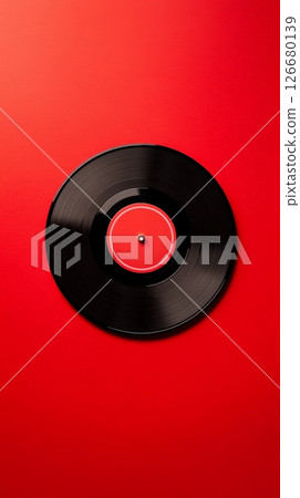 Black vinyl record with a red label is placed on a vibrant red background, creating a striking visual representation of music, sound recording, and the classic audio format 126680139