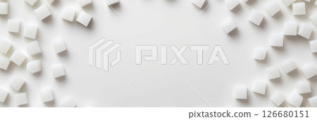 Scattered white sugar cubes create a frame on a white surface, symbolizing sugar reduction and the dangers of excessive consumption 126680151