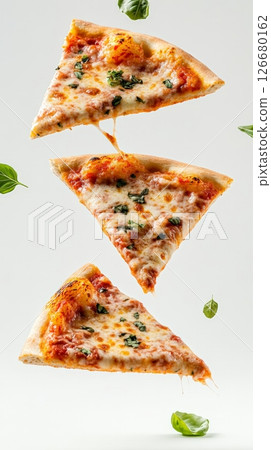 Three appetizing slices of pizza, garnished with basil, are levitating against a clean white backdrop, creating a visually appealing and dynamic composition 126680162