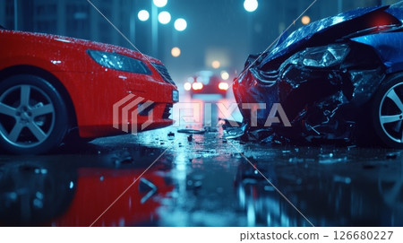 Colliding on a city street at night, a red car and a blue car are involved in a significant accident during a rainstorm, leaving the blue vehicle heavily damaged 126680227