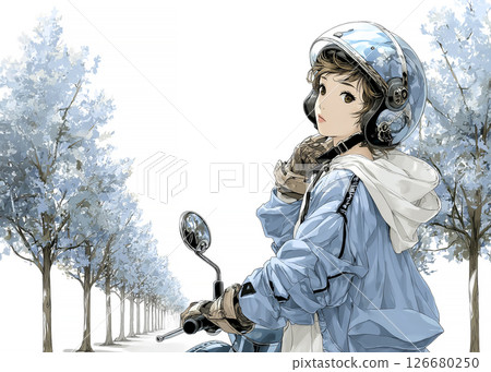 一位年輕女子在冬天騎著摩托車外出的插圖 126680250