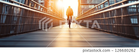Cyclist riding a bicycle toward the sunrise on a modern city bridge, creating a striking silhouette against the warm golden light, embodies freedom and adventure in urban commuting 126680262