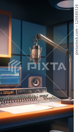 Professional microphone recording setup in a music studio. Featuring a mixing console. Computer monitor displaying audio waveforms. And sound absorbing panels. Ready for capturing high quality audio Professional microphone recording setup in a music studio. Featuring a mixing console. Computer monitor displaying audio waveforms. And sound absorbing panels. Ready for capturing high quality audio 126680316