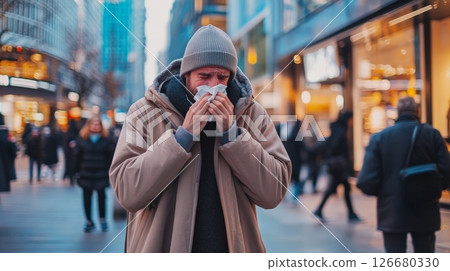 Bearded man suffering from cold or flu blowing his nose with tissue, while walking in city center crowded street, during winter, wearing winter clothes 126680330