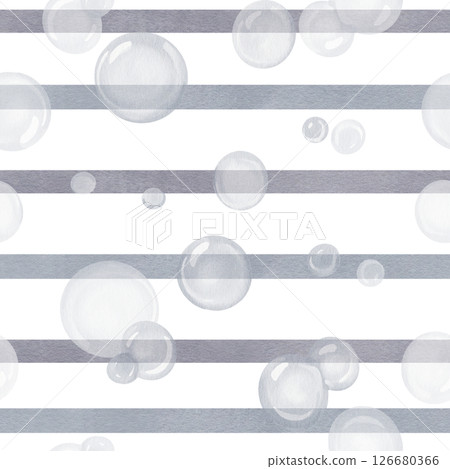 Seamless pattern with gray stripes and bubbles. Ornament and geometry. Soap bubbles and straight lines. Watercolor illustration isolated from the background. Hand drawing. High quality illustration 126680366