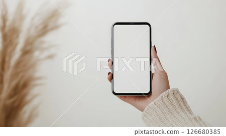 Woman holding a smartphone featuring a blank white screen, positioned against a clean white wall and pampas grass, creating an ideal setting for mockup design and digital presentations 126680385