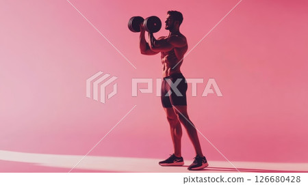 Muscular bodybuilder is lifting a dumbbell over his head, showcasing his strength and physique against a vibrant pink backdrop, emphasizing the dedication and power involved in fitness training 126680428