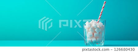 Glass full of refined sugar cubes with a straw symbolizing sugary drinks and the dangers of excessive sugar consumption, promoting a sugar free or low sugar lifestyle for better health 126680430