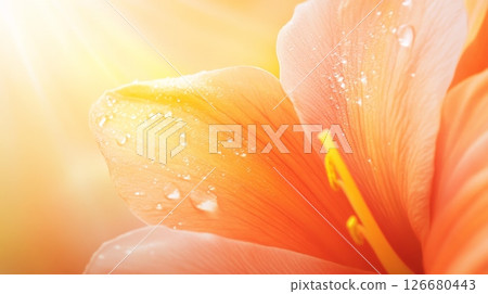 Close up of delicate orange flower petals with sparkling water droplets, illuminated by warm sunlight, creating a beautiful and serene natural background 126680443