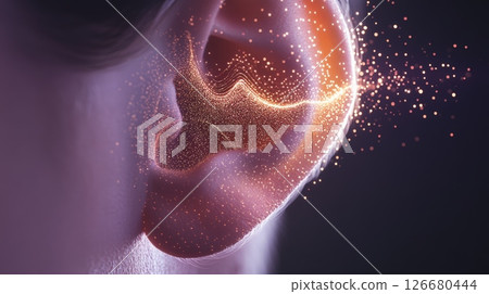 Golden particles flowing into the ear canal, representing sound waves creating vibrations on eardrum, illustrating the concept of hearing and audiology in a futuristic and technological style 126680444