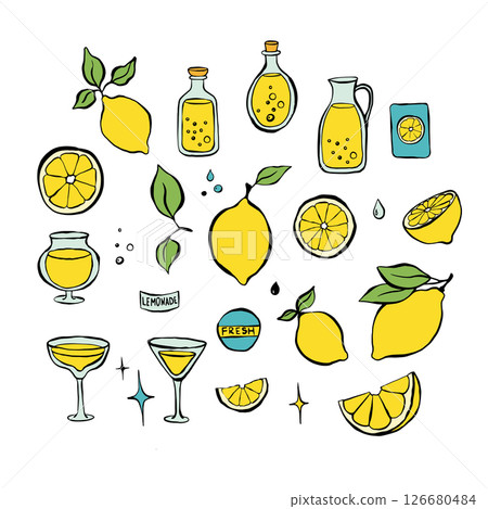 Hand drawn line illustration of lemonades and juicy lemones in a sketchy style. 126680484