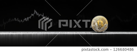 Bitcoin cryptocurrency coin standing on edge with stock market chart displayed on a monitor in the background representing the volatile and risky nature of digital currency investment 126680486