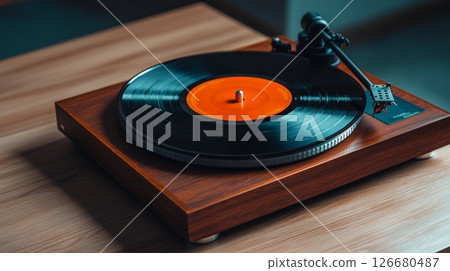 Modern record player spinning a vinyl record with an eye catching orange label, resting on a beautifully textured wooden surface, evoking a warm, nostalgic audio experience 126680487