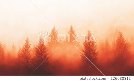 Wildfire raging through a pine forest, creating a dense orange haze of smoke and fog, instilling a powerful sense of danger and destruction in the landscape 126680511