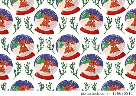Seamless Christmas pattern with snow globe featuring cute reindeer, snowflakes, trees ornament and greenery on white background. Perfect for winter holiday, packaging decor and festive design. Seamless Christmas pattern with snow globe featuring cute reindeer, snowflakes, trees ornament and greenery on white background. Perfect for winter holiday, packaging decor and festive design. 126680515