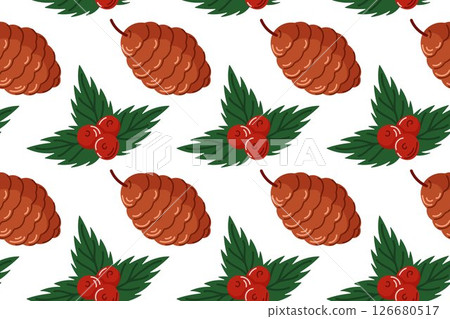 Seamless pattern with pine cone, holly leaves and red berries in cartoon style on white background. Perfect for Christmas packaging, winter textile and festive seasonal decoration. Seamless pattern with pine cone, holly leaves and red berries in cartoon style on white background. Perfect for Christmas packaging, winter textile and festive seasonal decoration. 126680517