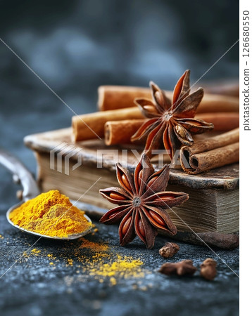 Turmeric and star anise, spices on a stone kitchen table. Ingredients for food and kitchen. 126680550
