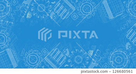 Mechanical engineering drawings on blue background. Cutting tools, milling cutter. Technical Design. Cover. Blueprint. Vector illustration. Mechanical engineering drawings on blue background. Cutting tools, milling cutter. Technical Design. Cover. Blueprint. Vector illustration. 126680561