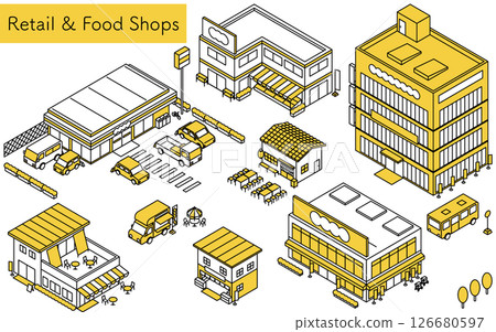 Convenience store and supermarket store exterior set, simple line drawing isometric illustration 126680597