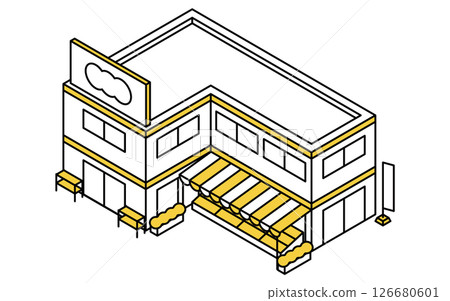 Image of a two-story supermarket or drugstore, simple line drawing isometric illustration 126680601