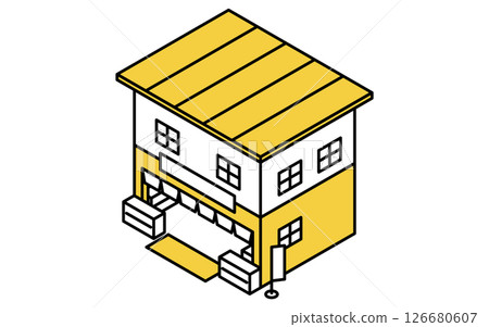 A simple line drawing isometric illustration of a private shop with a noren curtain A simple line drawing isometric illustration of a private shop with a noren curtain 126680607
