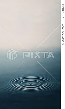 Single drop of water creating expanding ripples on a calm dark blue surface, reflecting a clear sky, ideal for tranquil nature themed backgrounds and designs 126680661