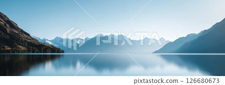 Tranquil lake reflecting snow capped mountains and forested hills in a breathtaking new zealand landscape, showcasing the serene beauty of nature with crystal clear reflections 126680673