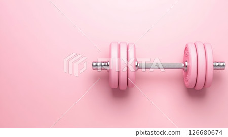 Pink dumbbell lying horizontally on a matching pink background, creating a vibrant and stylish image representing fitness, exercise, and a healthy lifestyle 126680674