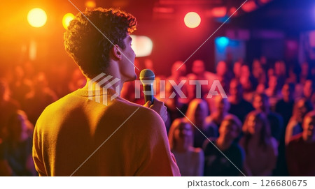 Young male singer performing live music on stage, holding microphone, captivating audience with his passionate singing in a vibrant, colorful nightclub atmosphere 126680675