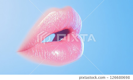 Sensual female lips with pink lipstick and glitter slightly open showing white teeth, on a light blue background, ideal for beauty and cosmetology concepts 126680698