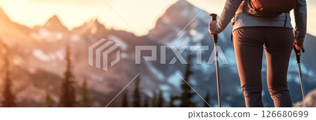 Female hiker with trekking poles soaking in a breathtaking sunset view over the mountains, evoking a sense of wanderlust and adventure in the great outdoors 126680699