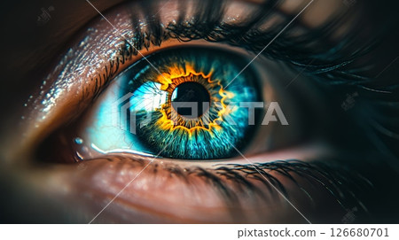 Close up of a human eye, reflecting light and showcasing the intricate details of the iris, pupil, and surrounding eyelashes, creating a captivating image of vision and ocular health 126680701