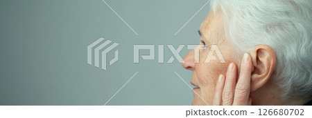 Close up profile of an elderly woman with white hair touching her ear, suggesting hearing loss or difficulty hearing against a simple grey background, emphasizing age related hearing challenges Close up profile of an elderly woman with white hair touching her ear, suggesting hearing loss or difficulty hearing against a simple grey background, emphasizing age related hearing challenges 126680702