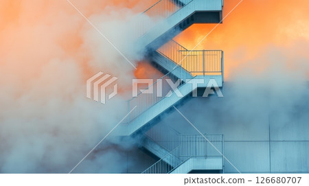 Smoke billowing from burning building with emergency stairs, creating a dramatic scene of potential danger and escape route during fire emergency 126680707