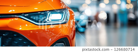 Close up of a vibrant orange car's headlight illuminated in a car dealership showroom, creating a sense of modern automotive technology and consumer choice 126680714