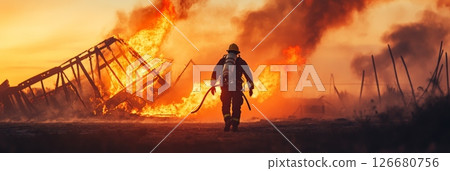 Firefighter walking away from a large building engulfed in flames at sunset, carrying a fire hose and wearing full protective gear, embodying bravery and dedication in emergency response 126680756