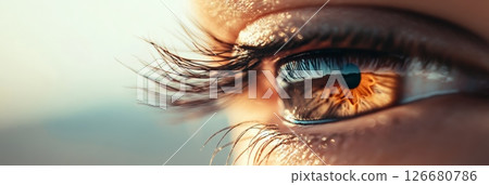 Close up of a woman's eye highlighting long eyelashes, hazel colored iris with light reflections, and subtle skin texture, creating a captivating image of vision and beauty 126680786