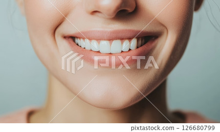 Close up capturing a perfect smile with sparkling white teeth, highlighting the importance of oral hygiene and dental care, framed by beautifully shaped lips 126680799