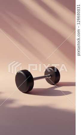 Black dumbbell casting shadow on pink background with diagonal lighting creating a modern and minimalist aesthetic, perfect for fitness or gym related themes 126680831