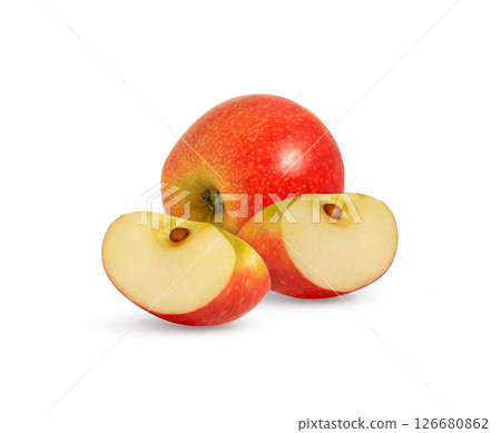 Two apple slices and a red apple isolated. Two apple slices and a red apple isolated. 126680862