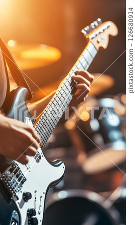 Close up view of a musician passionately playing an electric guitar on stage during a live concert, generating captivating sounds and creating an electrifying atmosphere 126680914