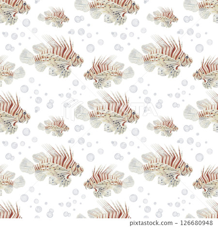 Seamless pattern with tropical lion fish. Big beautiful fish in white and red stripes. Many small bubbles. Underwater world. Watercolor illustration without background. Hand drawing. Seamless pattern with tropical lion fish. Big beautiful fish in white and red stripes. Many small bubbles. Underwater world. Watercolor illustration without background. Hand drawing. 126680948